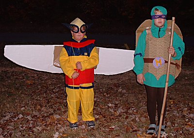 Asa as Birdman and Max as a Ninja Turtle