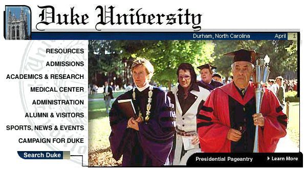 Homepage snapshot depicting Elvis at President Nan Keohane's inauguration.