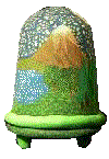 Small picture of a lamp with some trees and a mountain on it.